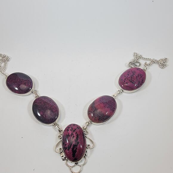 Handmade Rhodonite Gemstone Necklace Sterling Silver Elegant Purple Pink Jewelry - Picture 3 of 10